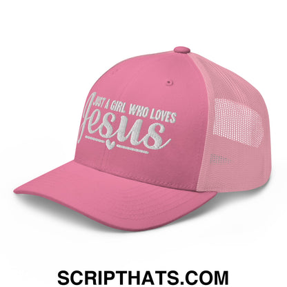 Just a Girl Who Loves Jesus Embroidered Mesh Trucker Hat Pink