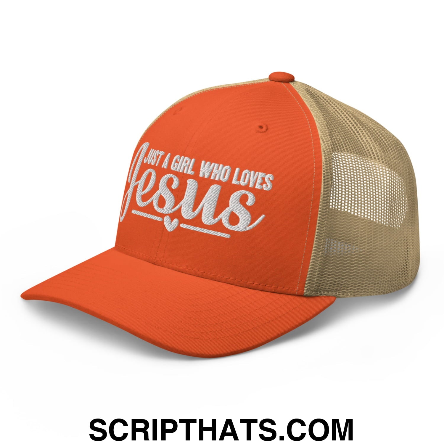 Just a Girl Who Loves Jesus Embroidered Mesh Trucker Hat Rustic Orange Khaki