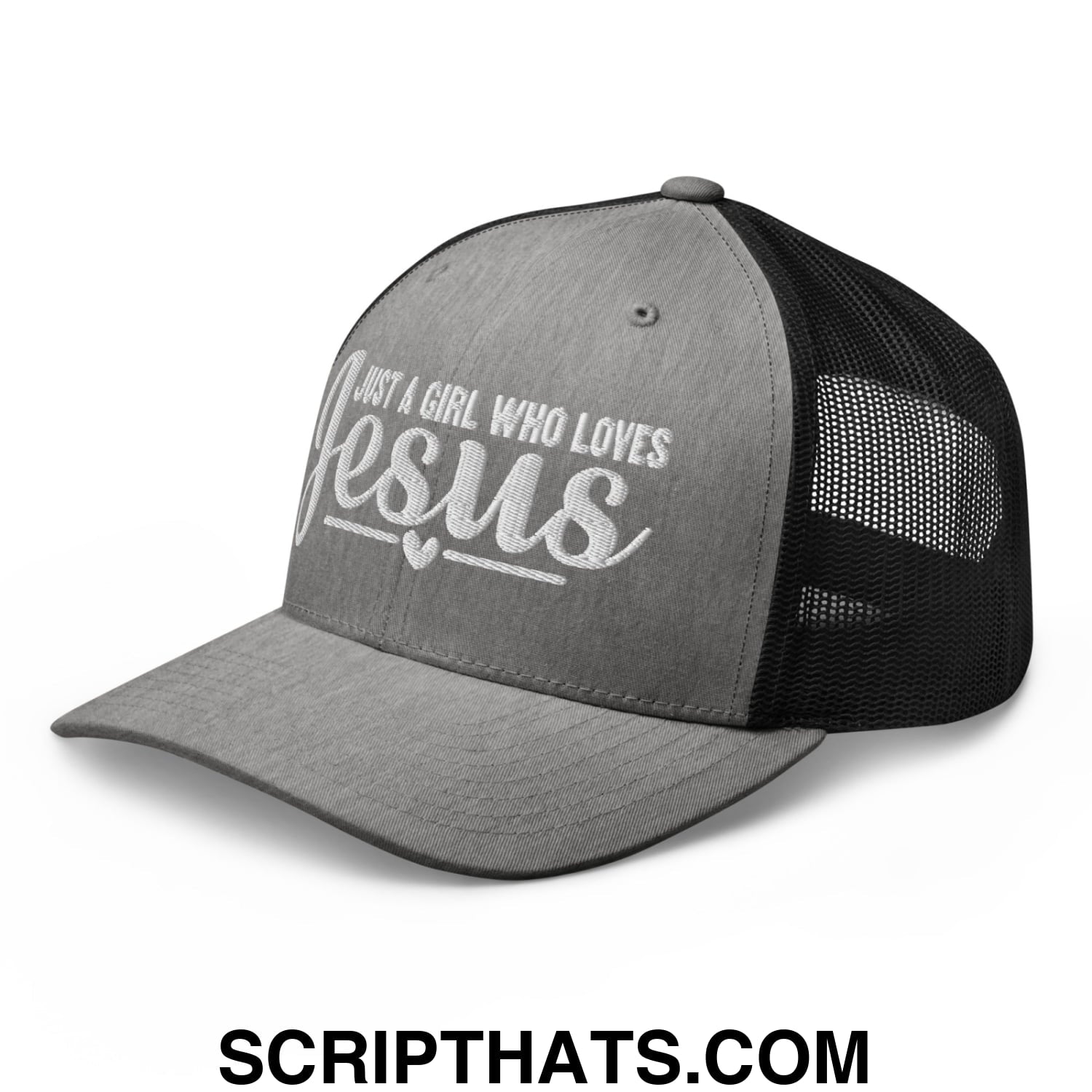 Just a Girl Who Loves Jesus Embroidered Mesh Trucker Hat Heather Black