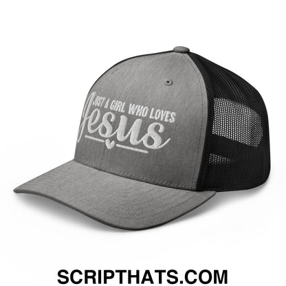 Just a Girl Who Loves Jesus Embroidered Mesh Trucker Hat Heather Black