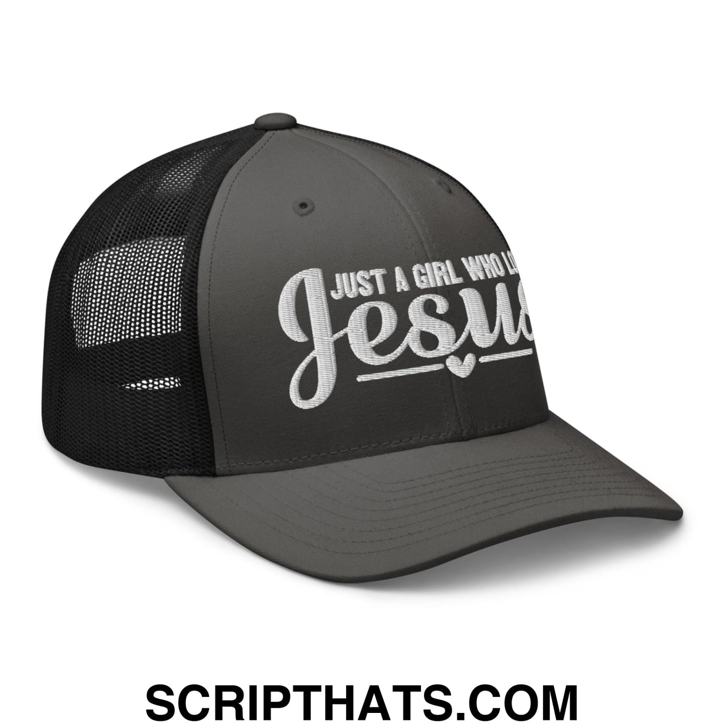 Just a Girl Who Loves Jesus Embroidered Mesh Trucker Hat Charcoal Black