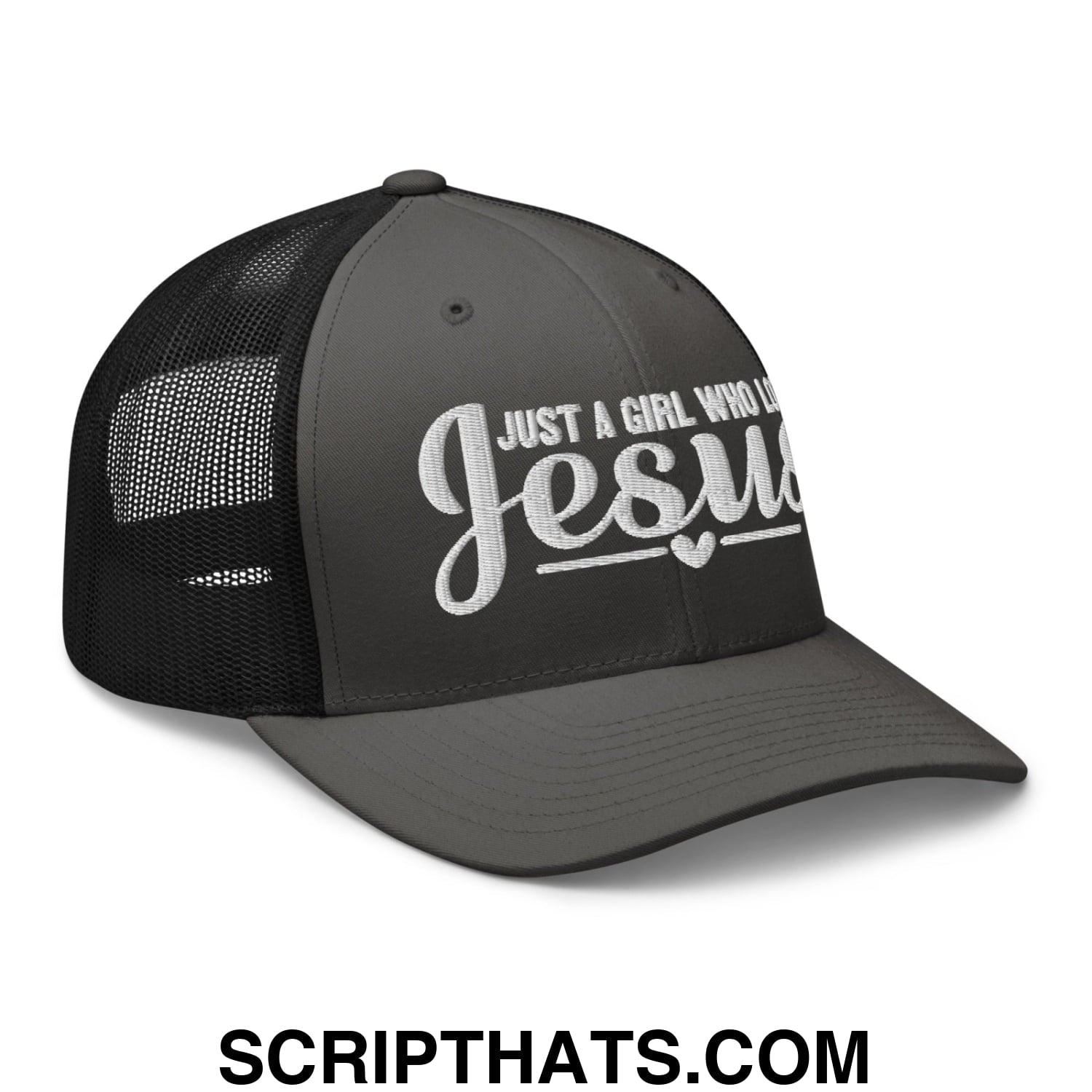 Just a Girl Who Loves Jesus Embroidered Mesh Trucker Hat Charcoal Black
