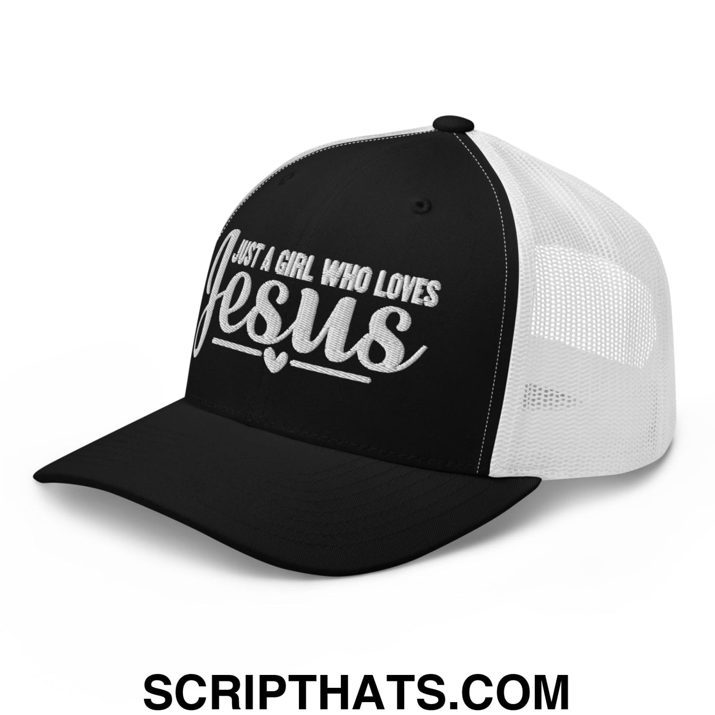 Just a Girl Who Loves Jesus Embroidered Mesh Trucker Hat Black White