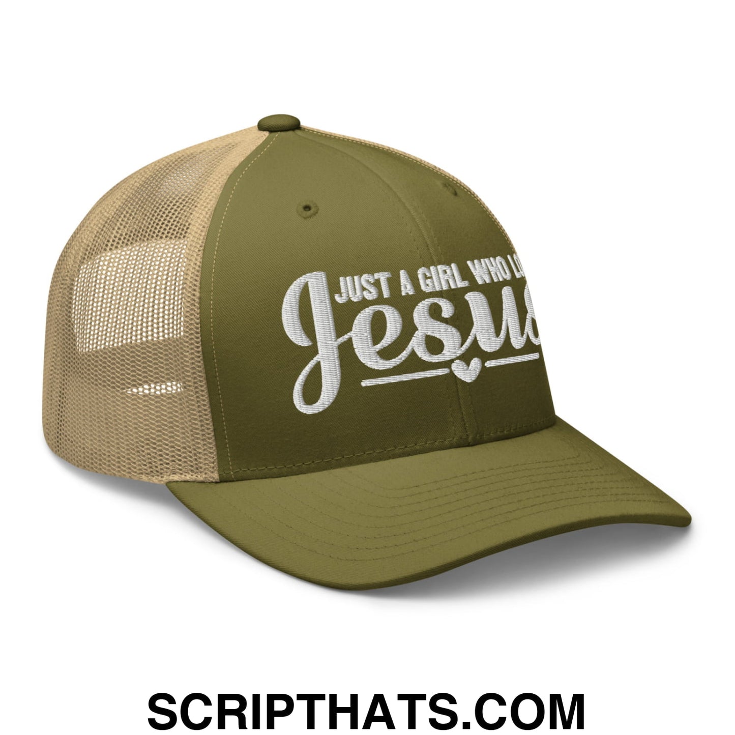 Just a Girl Who Loves Jesus Embroidered Mesh Trucker Hat Moss Khaki