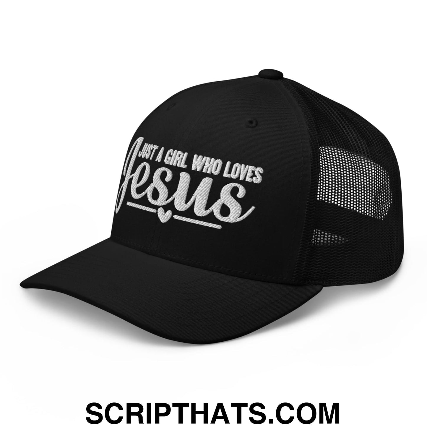 Just a Girl Who Loves Jesus Embroidered Mesh Trucker Hat Black