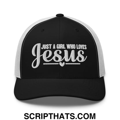 Just a Girl Who Loves Jesus Embroidered Mesh Trucker Hat Black White