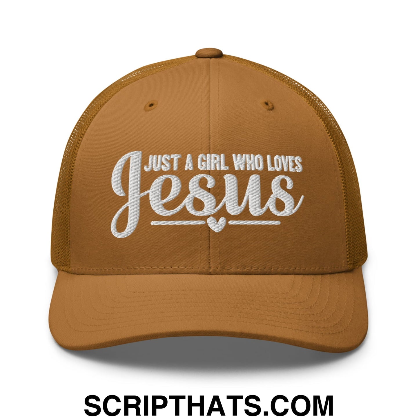 Just a Girl Who Loves Jesus Embroidered Mesh Trucker Hat Caramel