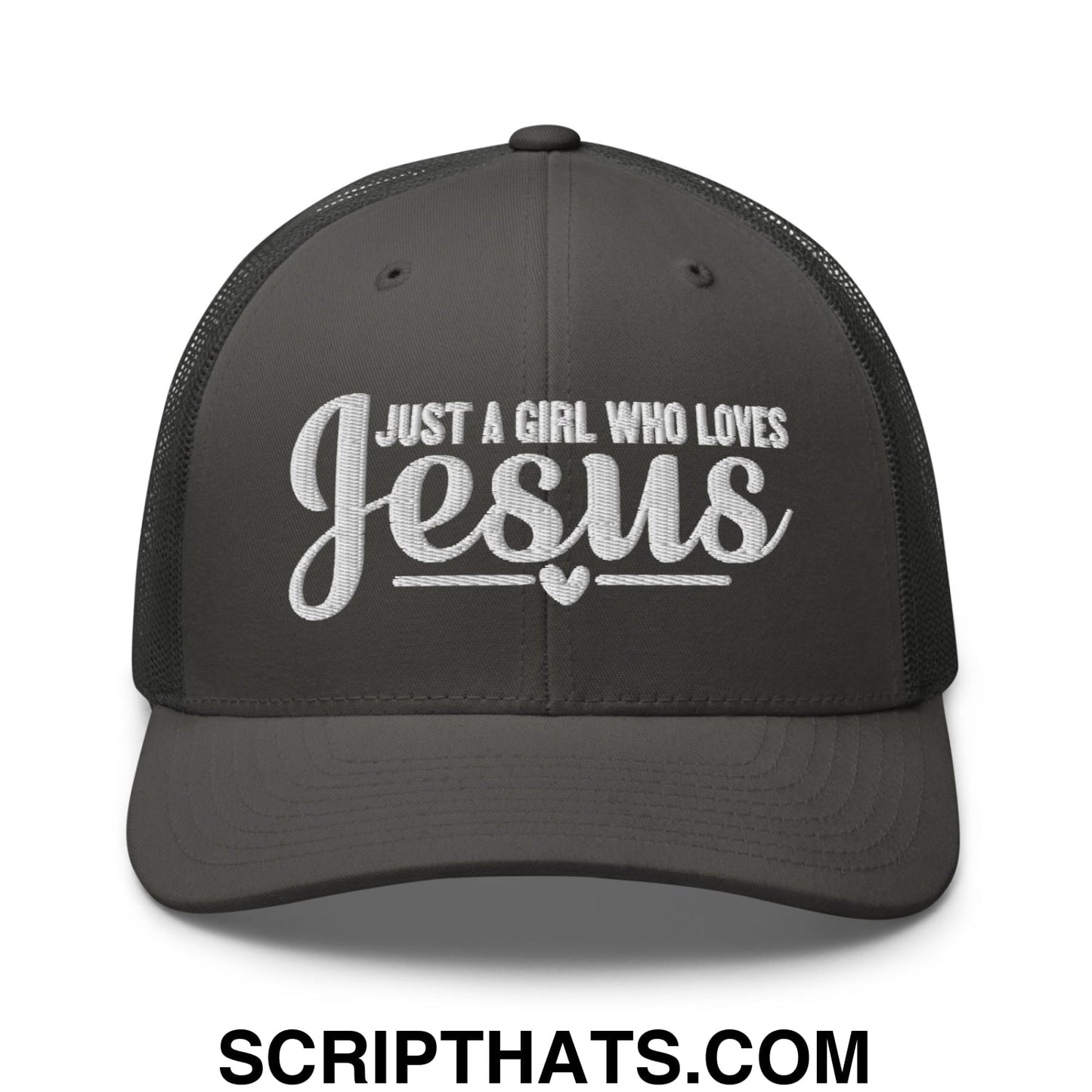 Just a Girl Who Loves Jesus Embroidered Mesh Trucker Hat Charcoal