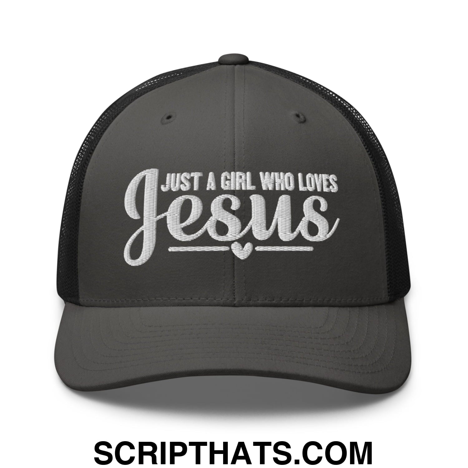 Just a Girl Who Loves Jesus Embroidered Mesh Trucker Hat Charcoal Black