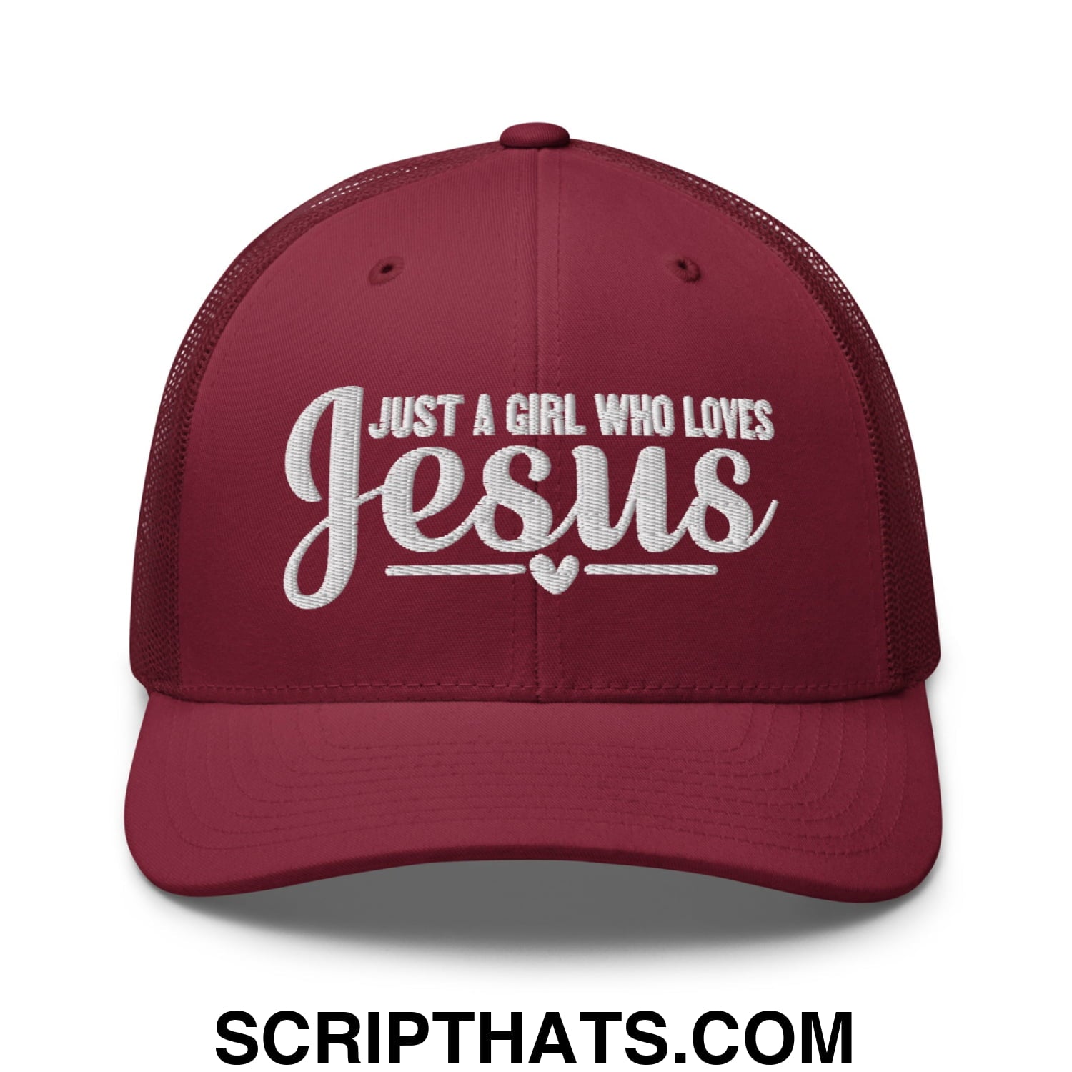 Just a Girl Who Loves Jesus Embroidered Mesh Trucker Hat Cranberry