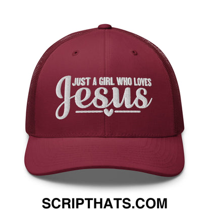 Just a Girl Who Loves Jesus Embroidered Mesh Trucker Hat Cranberry