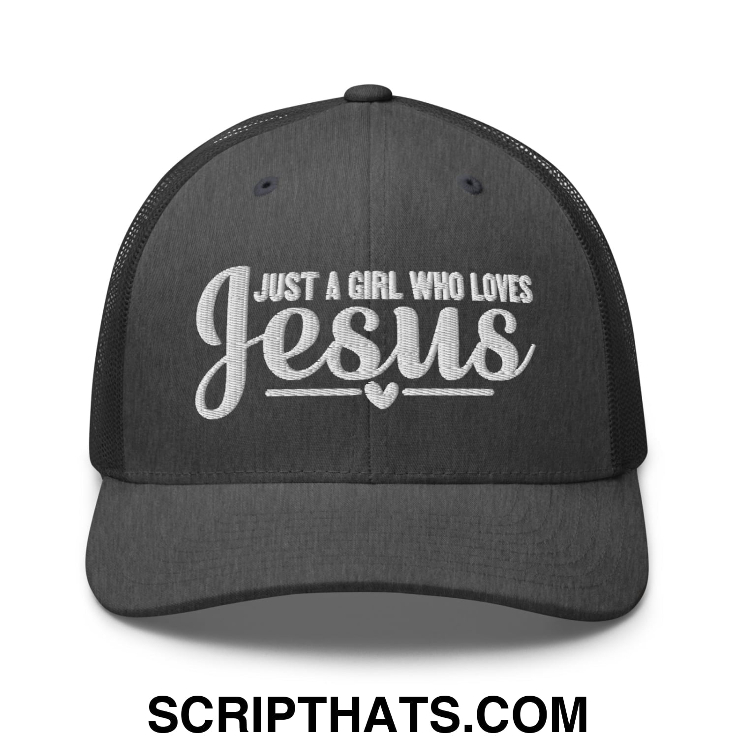 Just a Girl Who Loves Jesus Embroidered Mesh Trucker Hat Dark Heather Gray