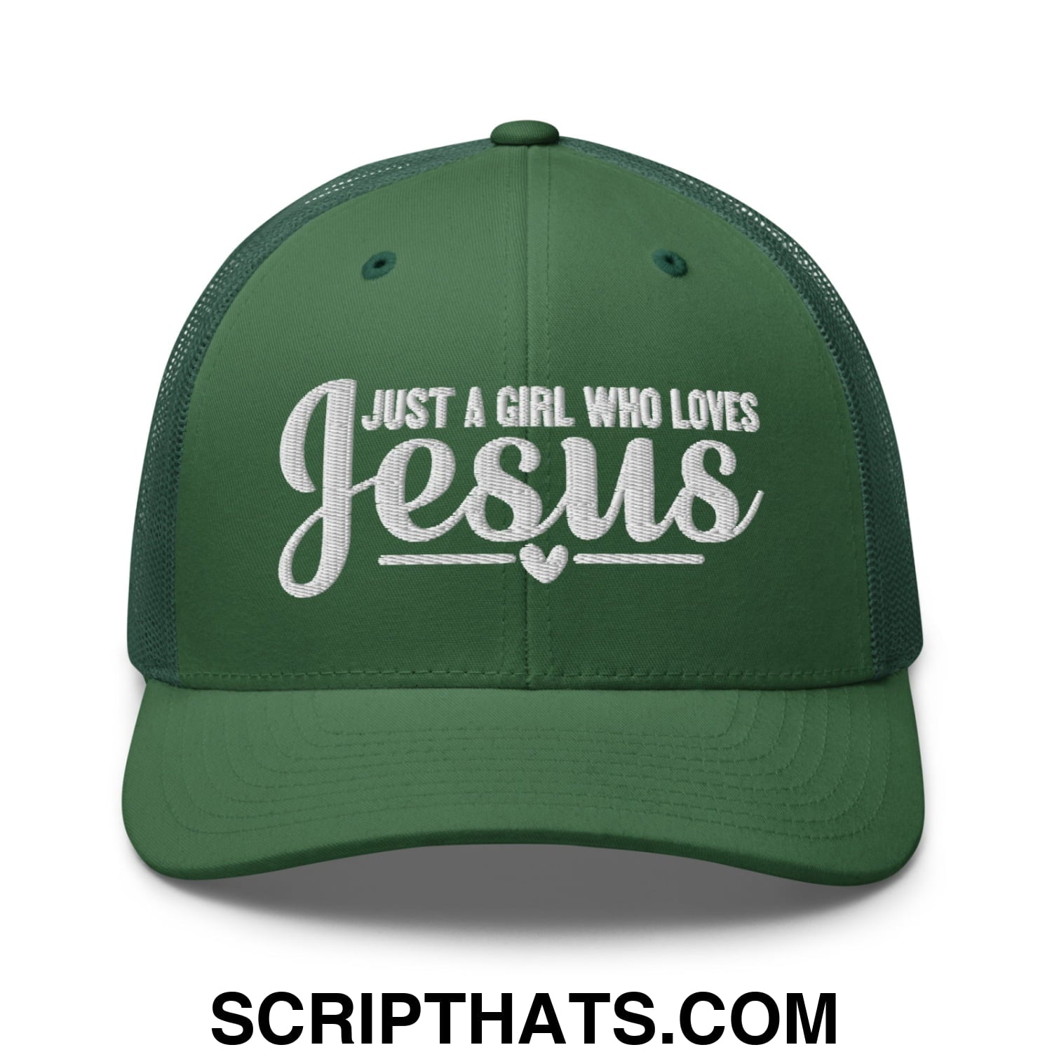 Just a Girl Who Loves Jesus Embroidered Mesh Trucker Hat Evergreen