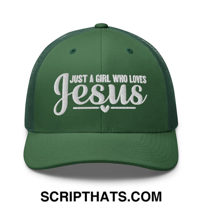 Just a Girl Who Loves Jesus Embroidered Mesh Trucker Hat Evergreen