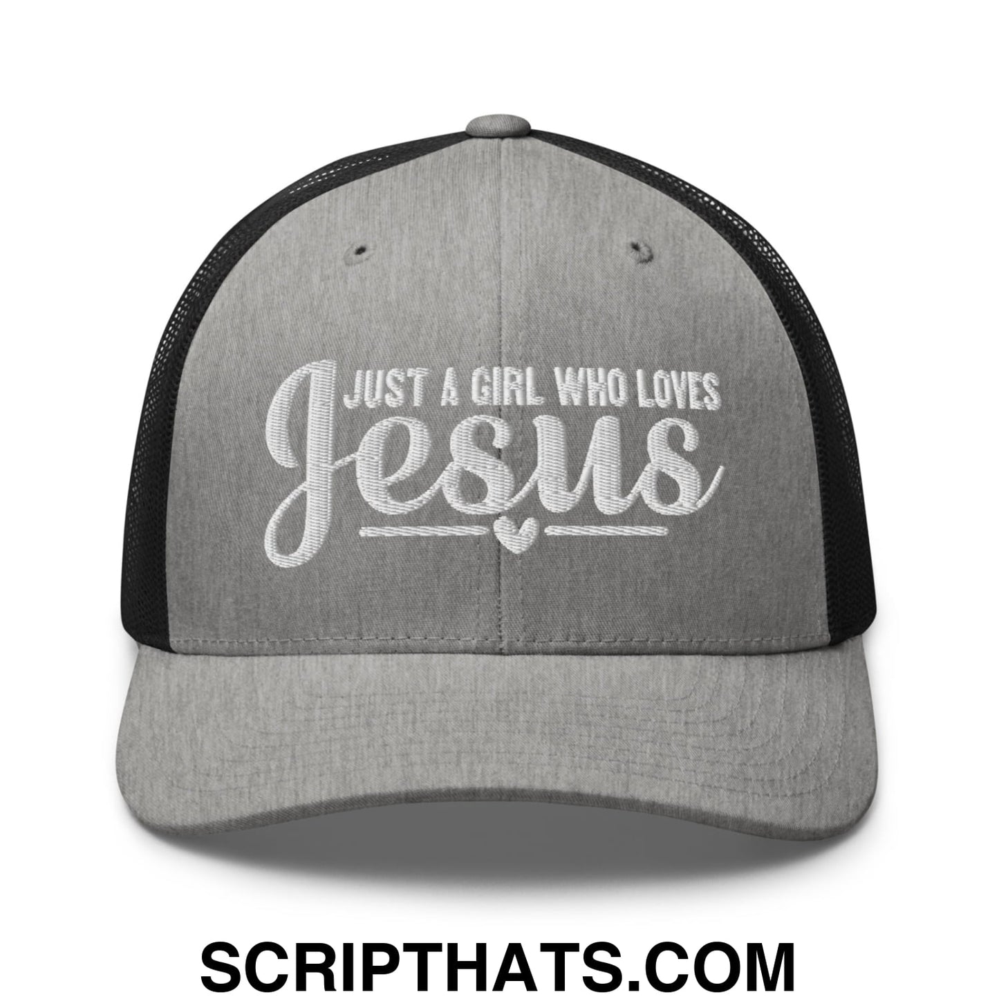 Just a Girl Who Loves Jesus Embroidered Mesh Trucker Hat Heather Black
