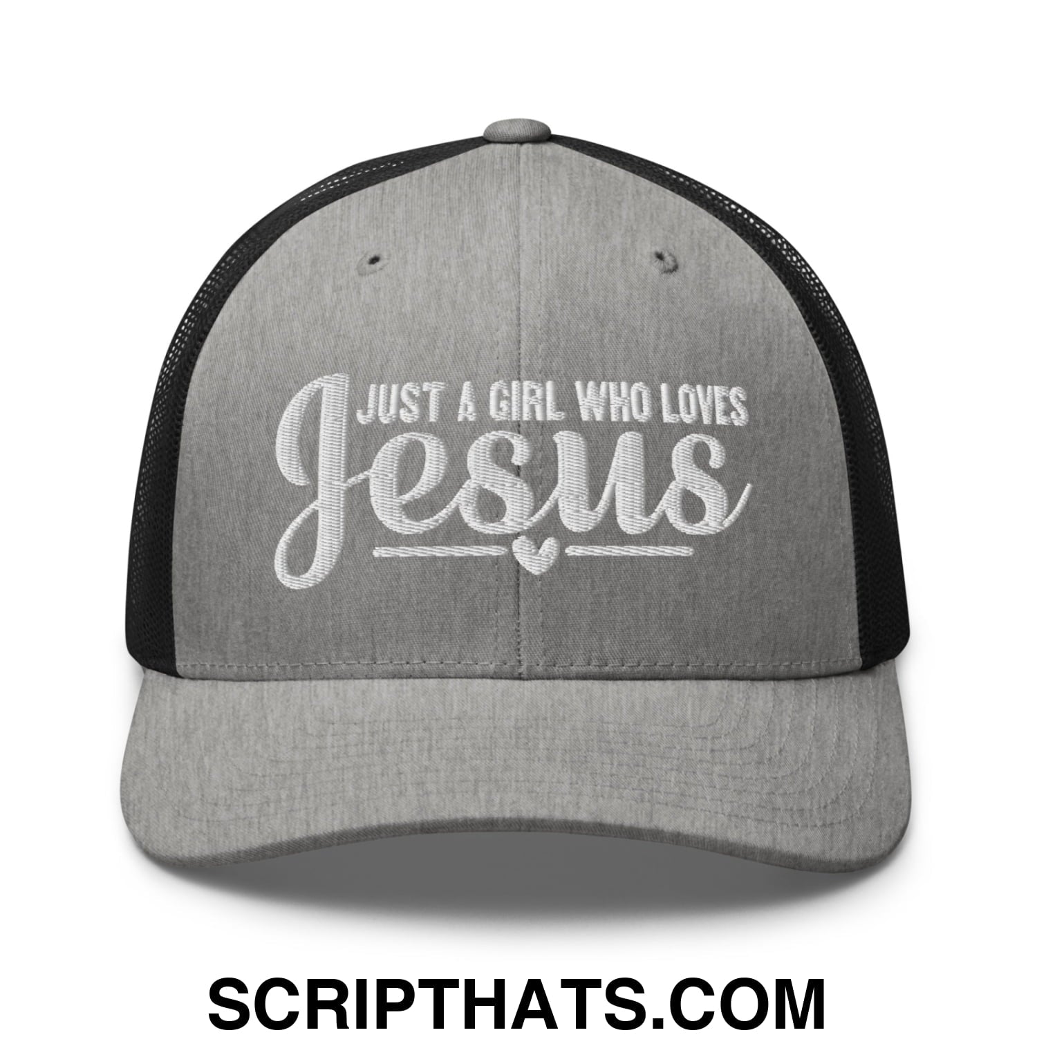 Just a Girl Who Loves Jesus Embroidered Mesh Trucker Hat Heather Black