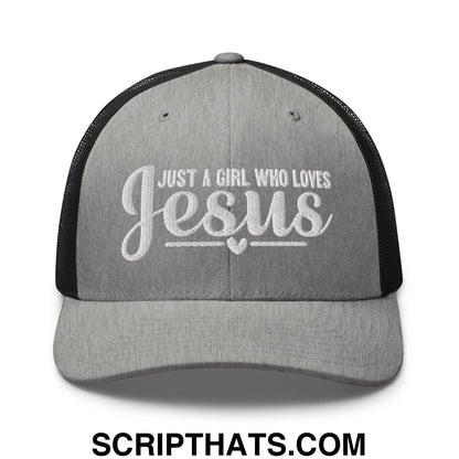 Just a Girl Who Loves Jesus Embroidered Mesh Trucker Hat Heather Black