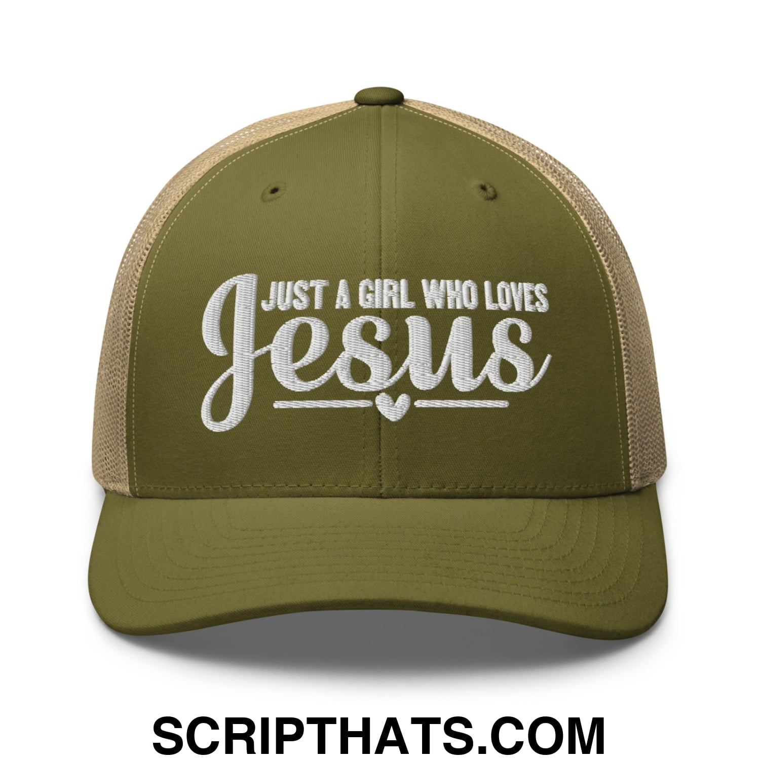 Just a Girl Who Loves Jesus Embroidered Mesh Trucker Hat Moss Khaki