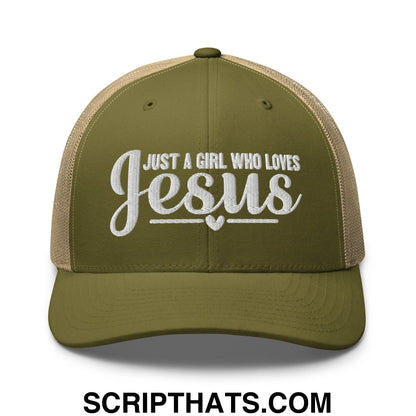 Just a Girl Who Loves Jesus Embroidered Mesh Trucker Hat Moss Khaki