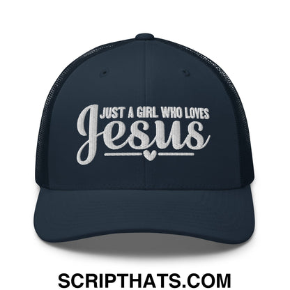 Just a Girl Who Loves Jesus Embroidered Mesh Trucker Hat Navy