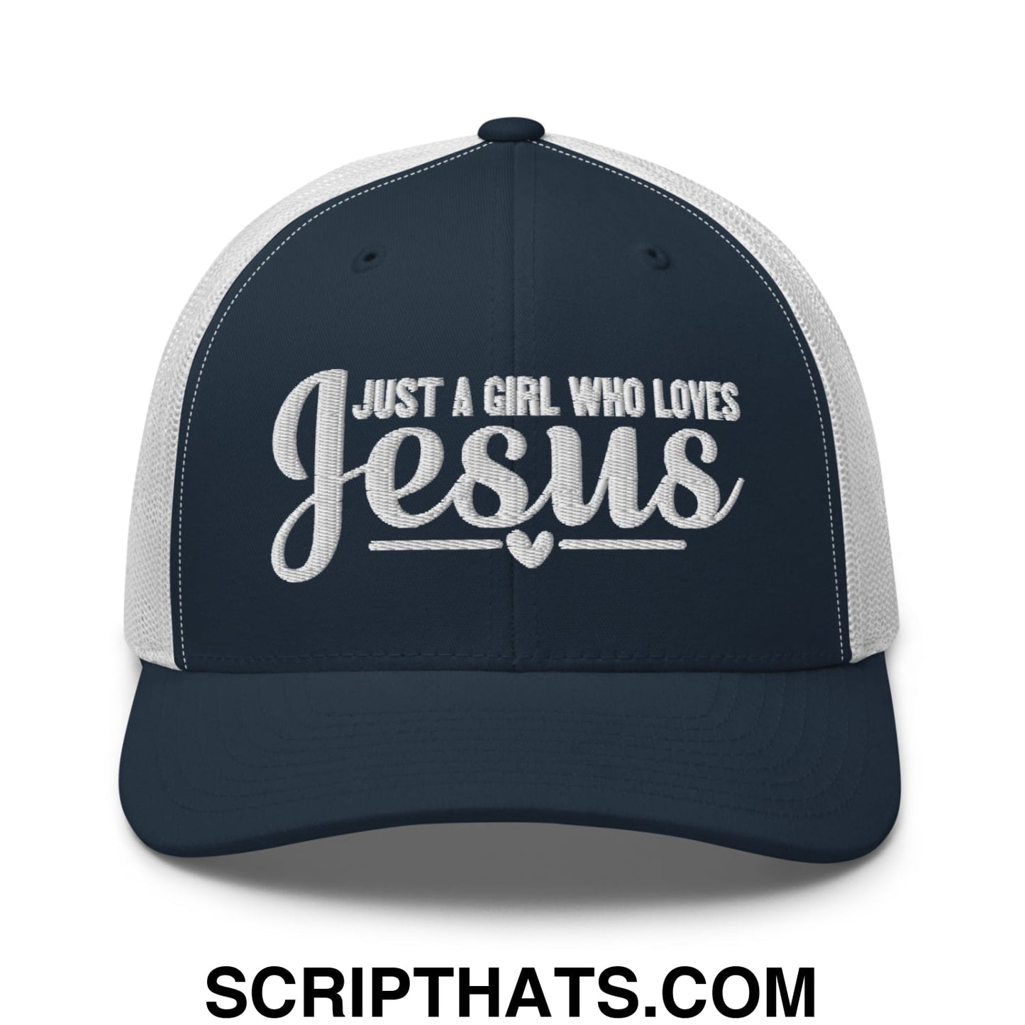 Just a Girl Who Loves Jesus Embroidered Mesh Trucker Hat Navy White
