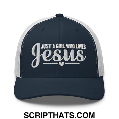 Just a Girl Who Loves Jesus Embroidered Mesh Trucker Hat Navy White