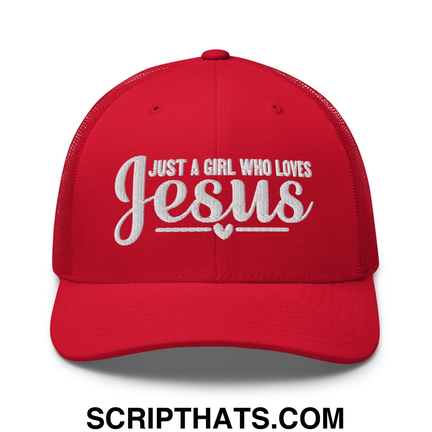 Just a Girl Who Loves Jesus Embroidered Mesh Trucker Hat Red