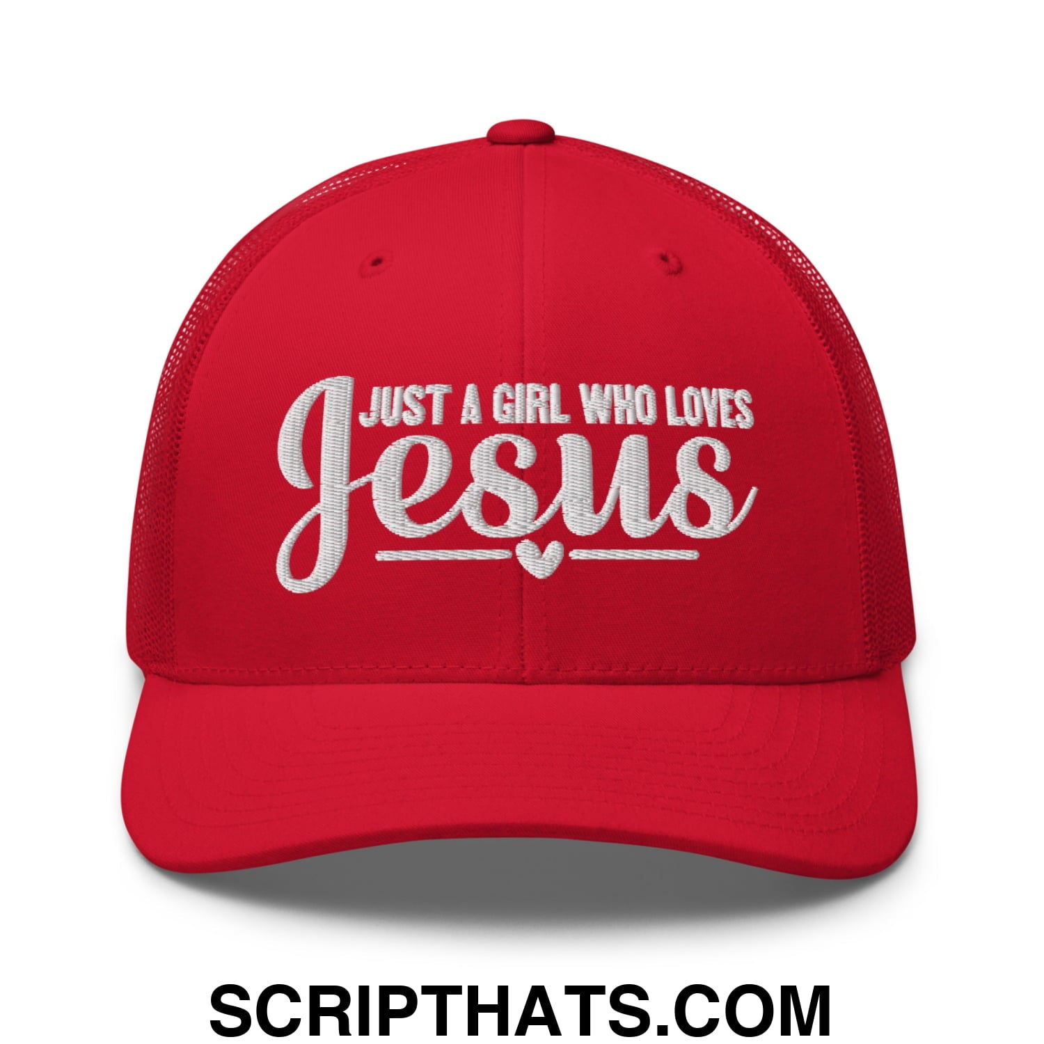 Just a Girl Who Loves Jesus Embroidered Mesh Trucker Hat Red