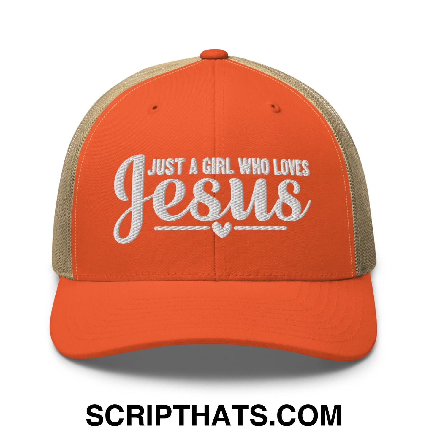 Just a Girl Who Loves Jesus Embroidered Mesh Trucker Hat Rustic Orange Khaki