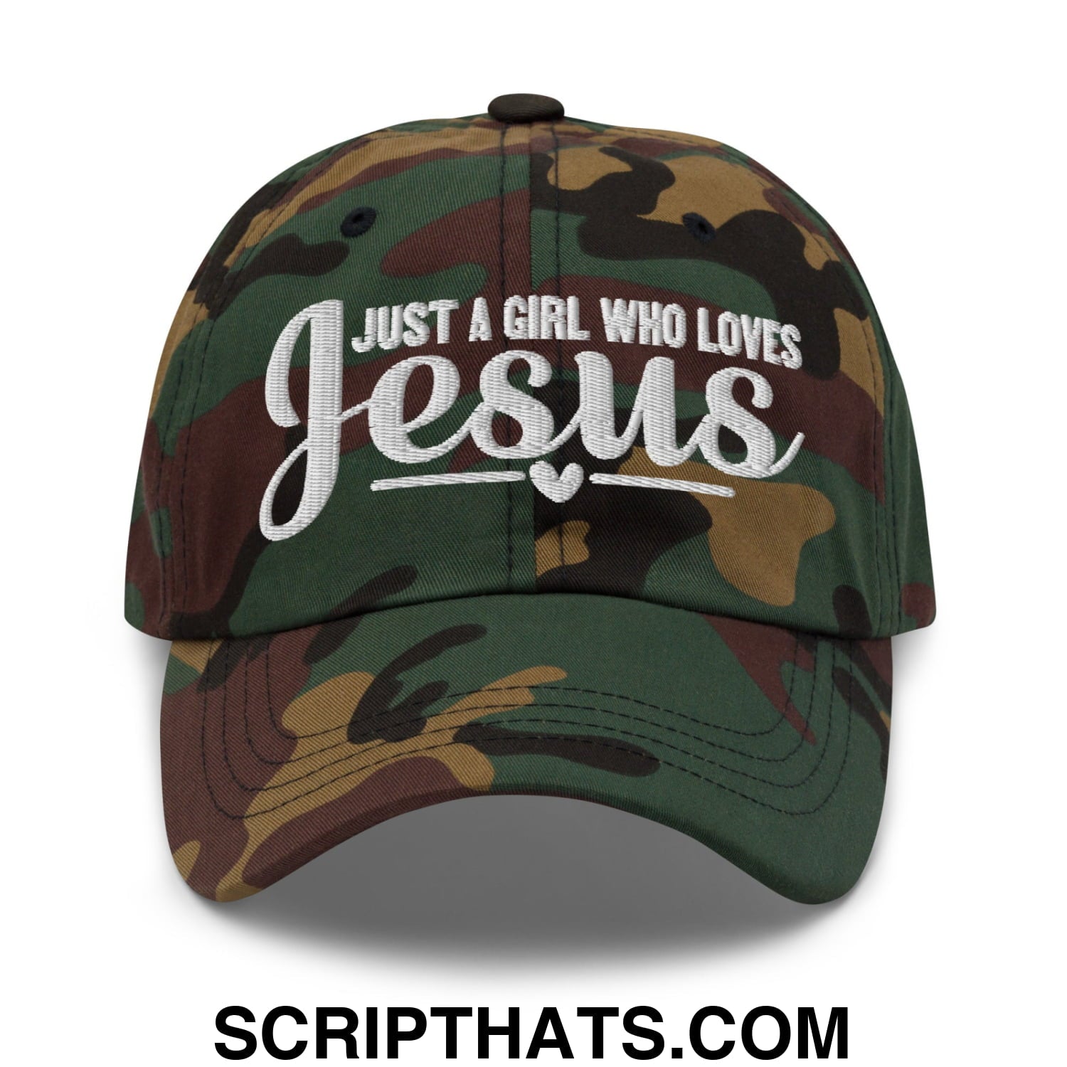 Just a Girl Who Loves Jesus Embroidered Unstructured Dad Hat Green Camo