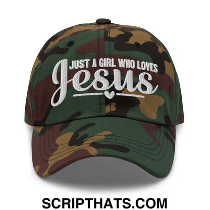 Just a Girl Who Loves Jesus Embroidered Unstructured Dad Hat Green Camo
