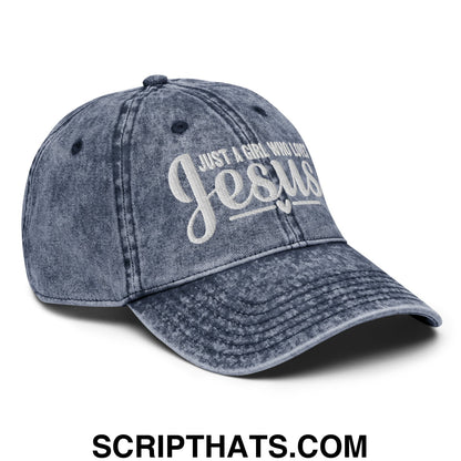 Just a Girl Who Loves Jesus Embroidered Unstructured Denim Dad Hat Navy