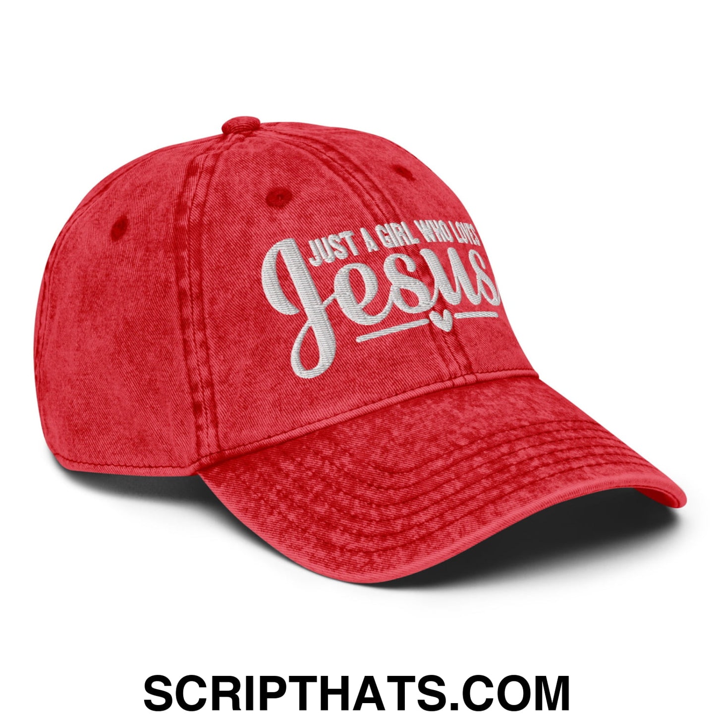 Just a Girl Who Loves Jesus Embroidered Unstructured Denim Dad Hat Red