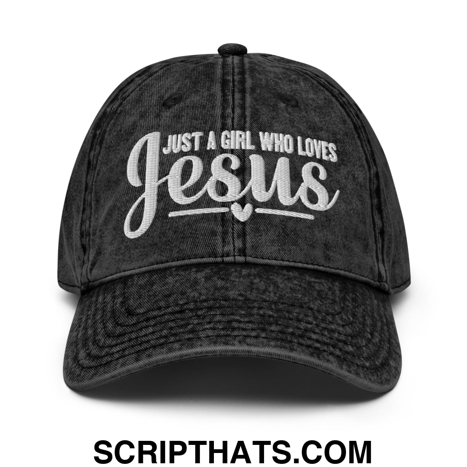 Just a Girl Who Loves Jesus Embroidered Unstructured Denim Dad Hat Black