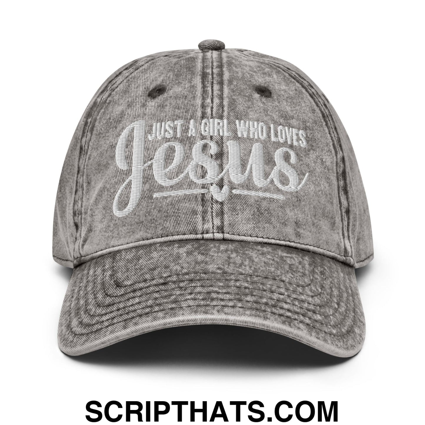 Just a Girl Who Loves Jesus Embroidered Unstructured Denim Dad Hat Charcoal Grey