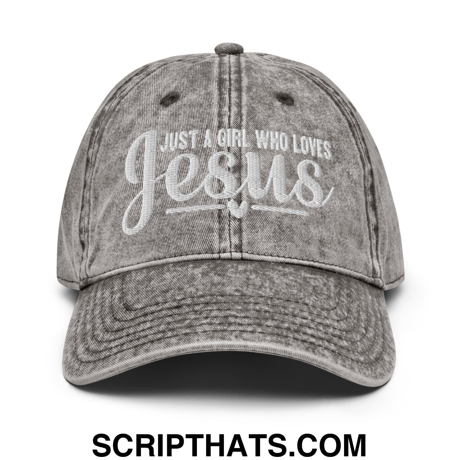 Just a Girl Who Loves Jesus Embroidered Unstructured Denim Dad Hat Charcoal Grey