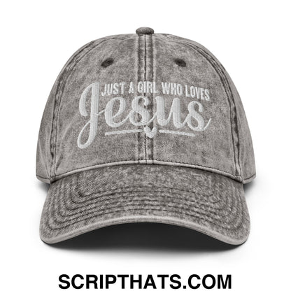Just a Girl Who Loves Jesus Embroidered Unstructured Denim Dad Hat Charcoal Grey
