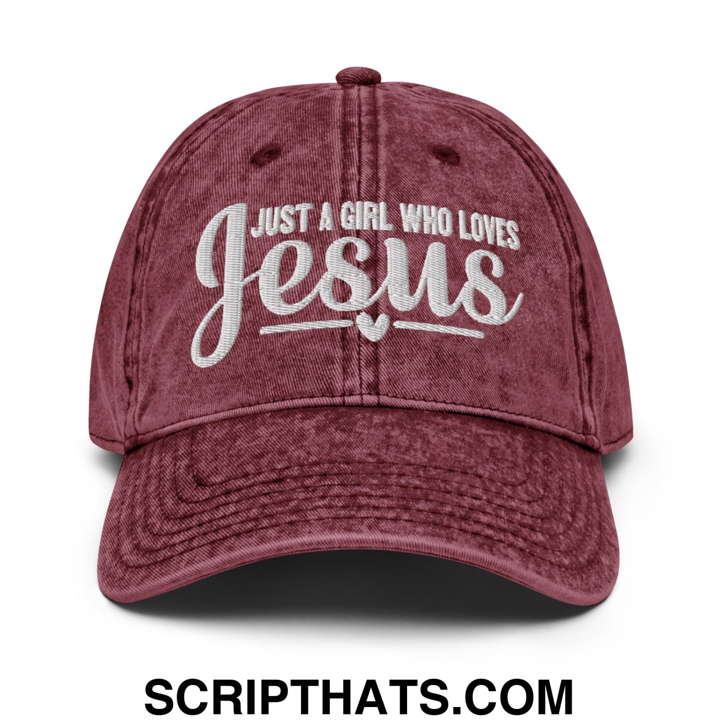 Just a Girl Who Loves Jesus Embroidered Unstructured Denim Dad Hat Maroon