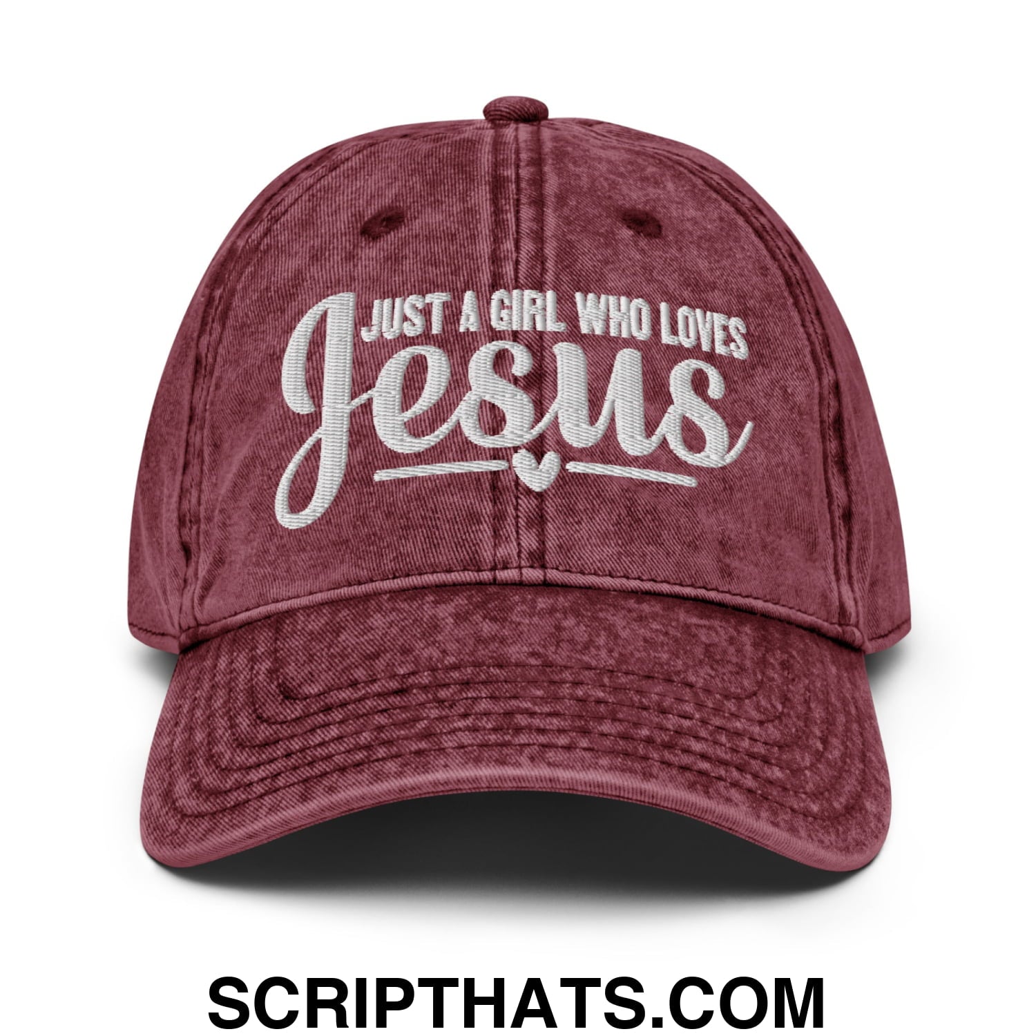 Just a Girl Who Loves Jesus Embroidered Unstructured Denim Dad Hat Maroon