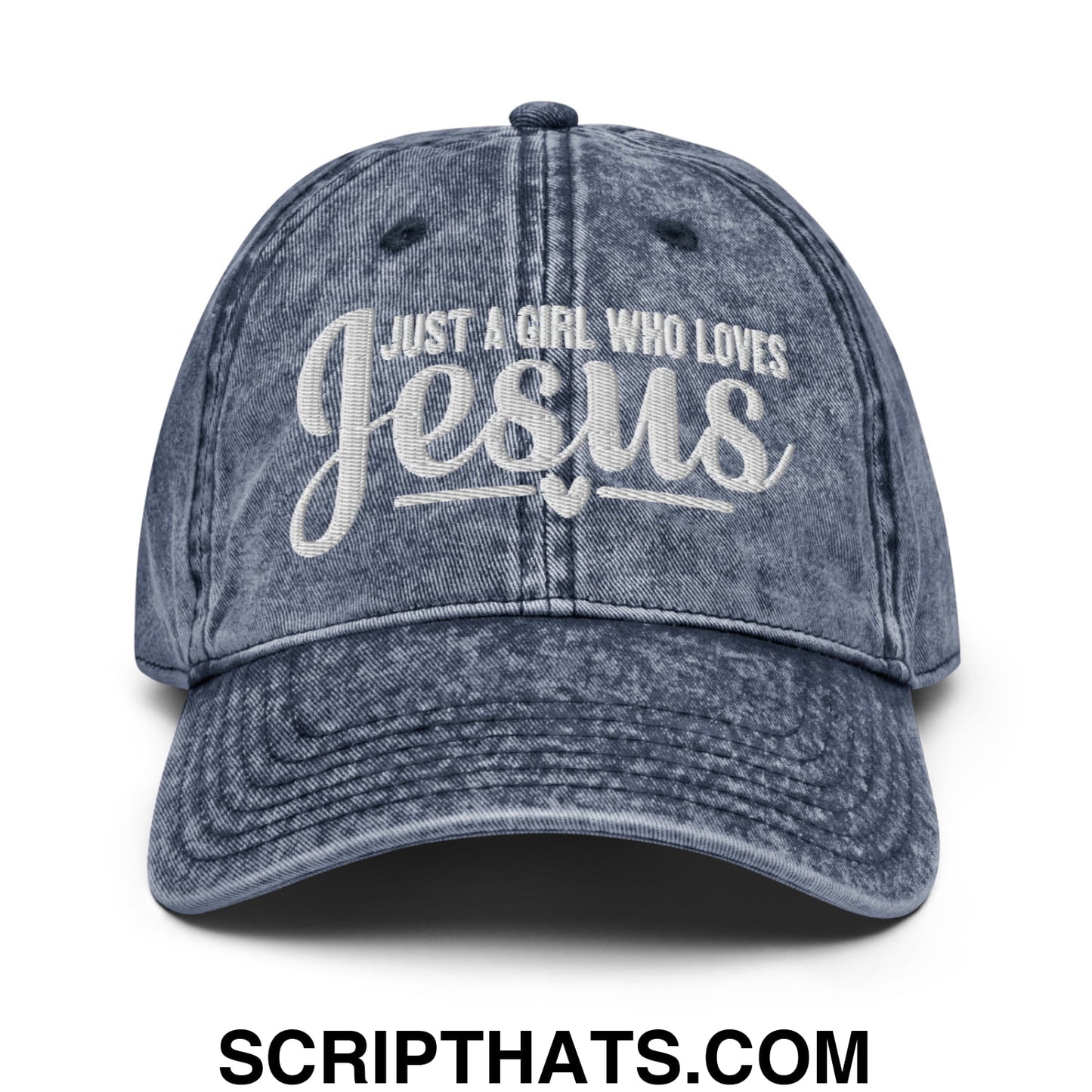 Just a Girl Who Loves Jesus Embroidered Unstructured Denim Dad Hat Navy