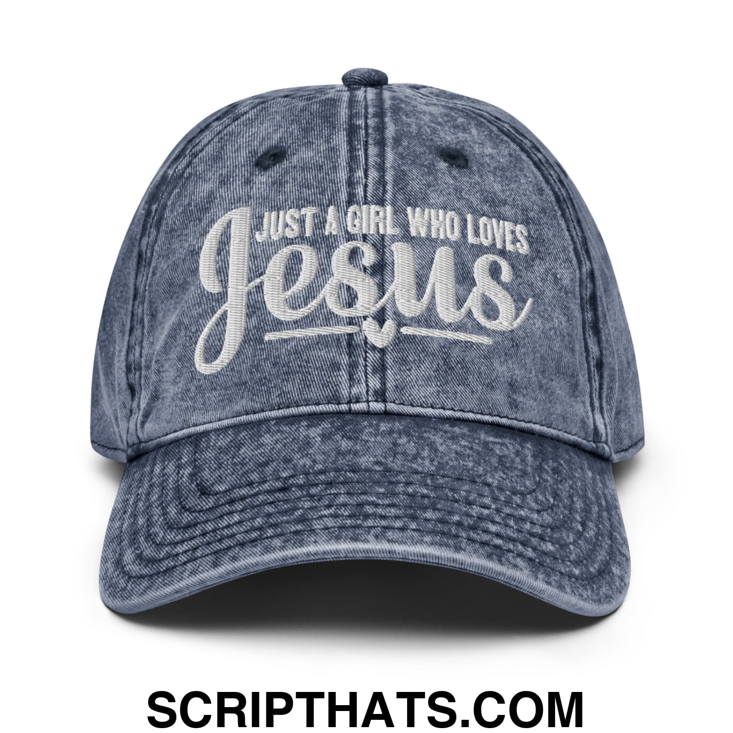 Just a Girl Who Loves Jesus Embroidered Unstructured Denim Dad Hat Navy