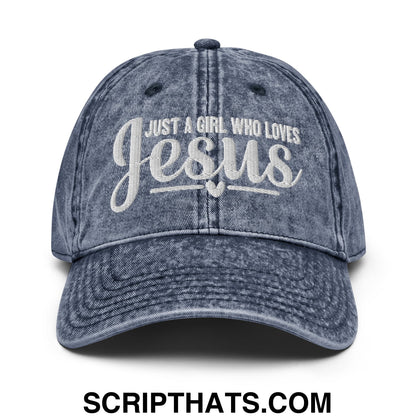 Just a Girl Who Loves Jesus Embroidered Unstructured Denim Dad Hat Navy
