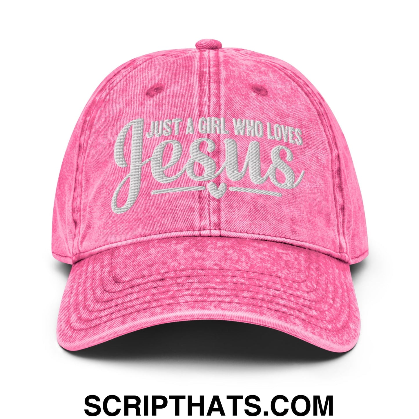 Just a Girl Who Loves Jesus Embroidered Unstructured Denim Dad Hat Pink