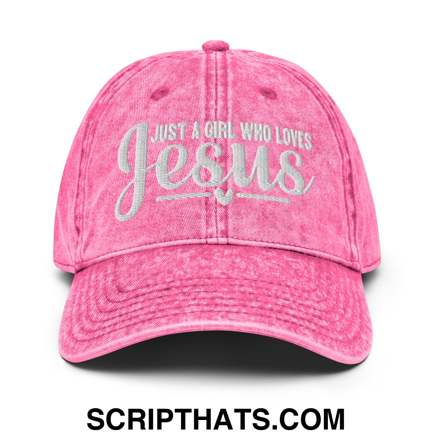 Just a Girl Who Loves Jesus Embroidered Unstructured Denim Dad Hat Pink