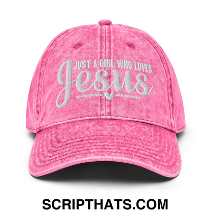 Just a Girl Who Loves Jesus Embroidered Unstructured Denim Dad Hat Pink