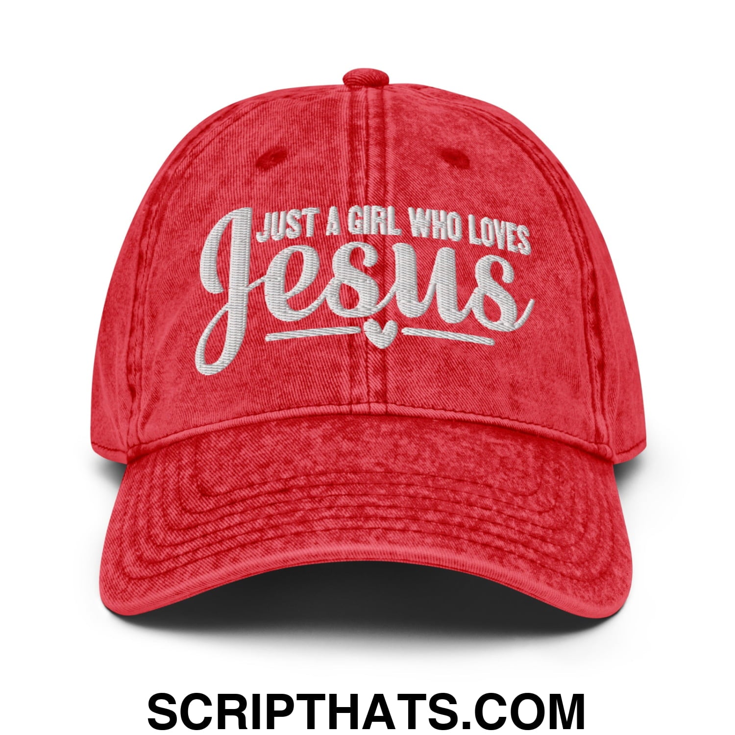 Just a Girl Who Loves Jesus Embroidered Unstructured Denim Dad Hat Red
