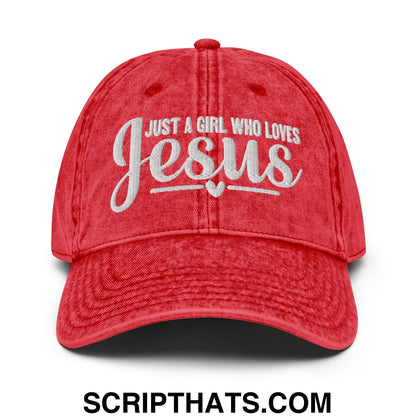 Just a Girl Who Loves Jesus Embroidered Unstructured Denim Dad Hat Red