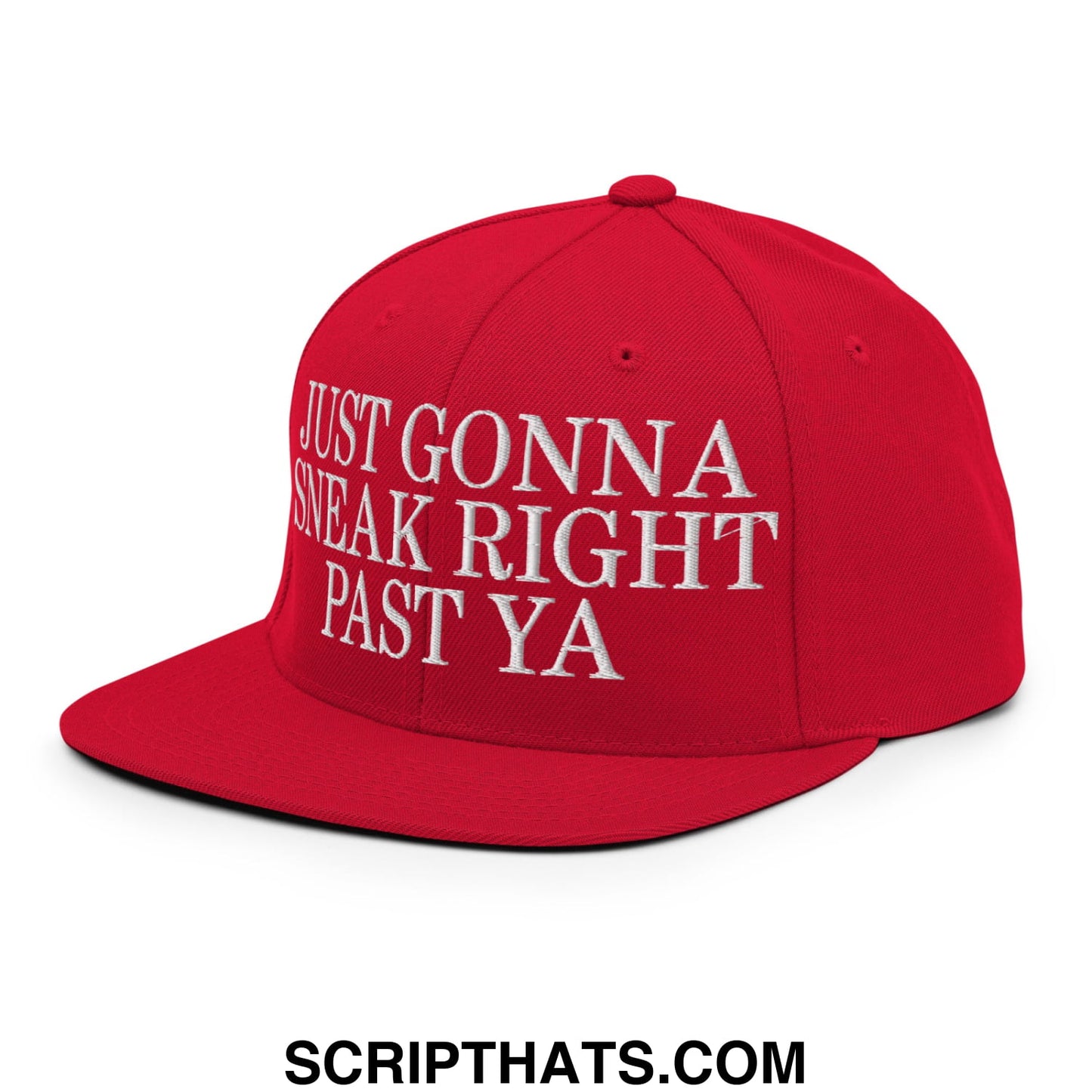 Just Gonna Sneak Right Past Ya Embroidered Flat Bill Brim Snapback Hat Red