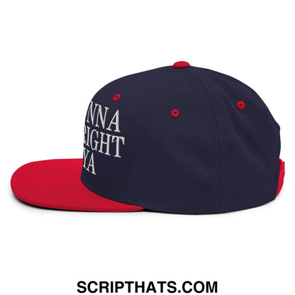 Navy blue and red snapback hat with white embroidered just gonna sneak right past ya text and flat bill brim