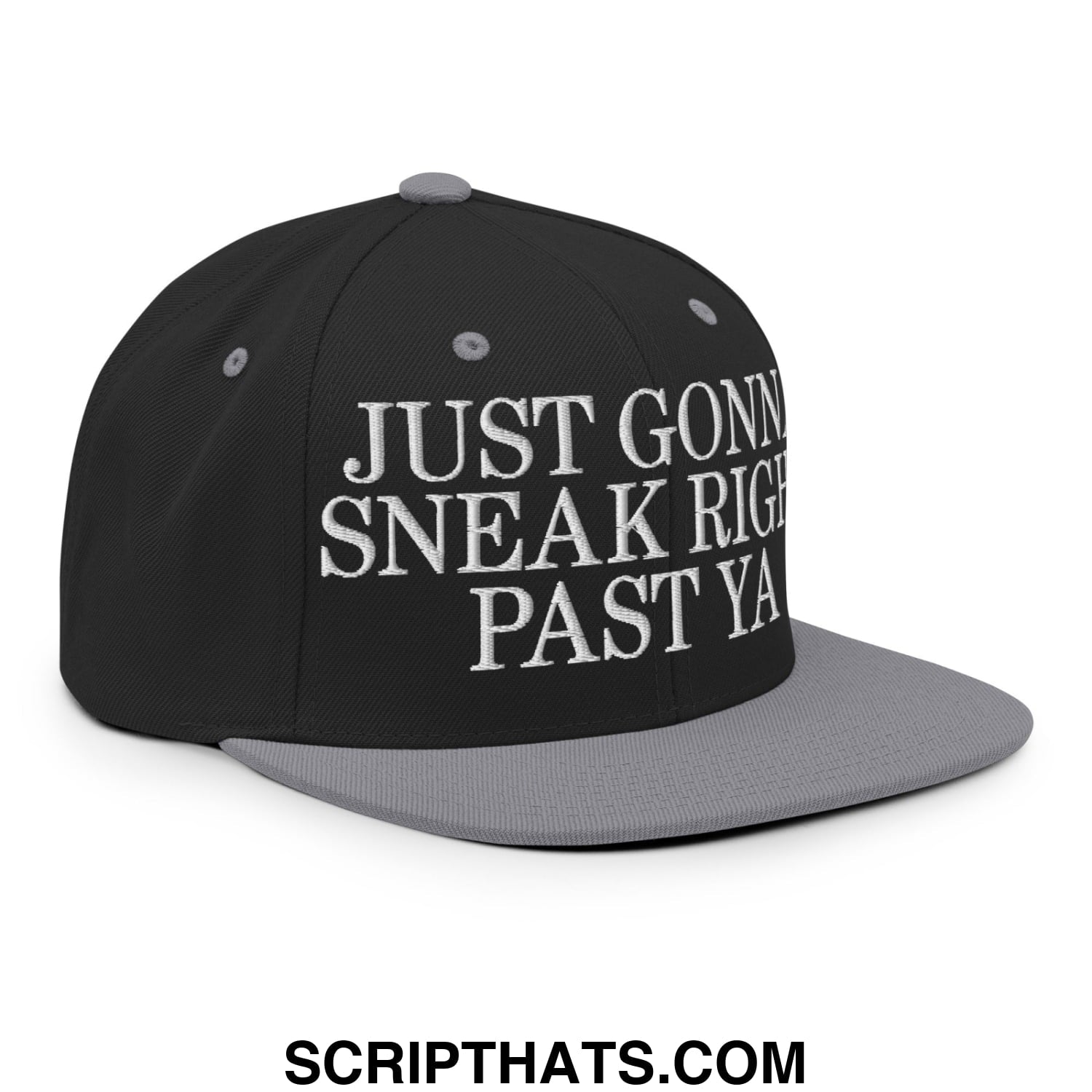 Just Gonna Sneak Right Past Ya Embroidered Flat Bill Brim Snapback Hat Black Silver